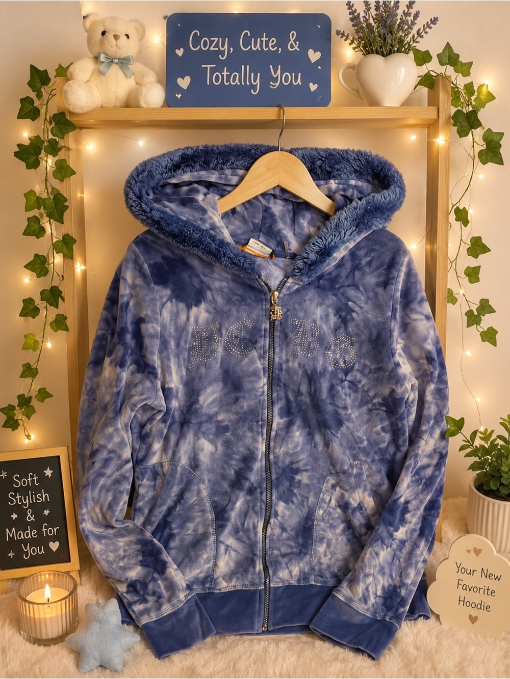 BCBGMaxAzria Blue Tie-Dye Plush Zip Hoodie
